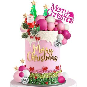 34PCS Christmas Cake Toppers Merry Christmas Cake Decoration with Pink Ball Cake Picks for DIY Cake Insert Decorations Winter Xmas Birthday Party Supplies