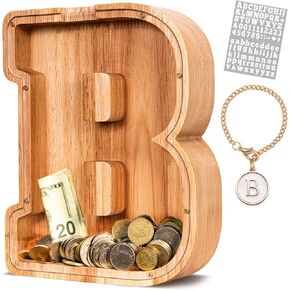 KMC Wooden Piggy Bank - Unbreakable Wooden Letter Money Saving Box, Gift for Kids