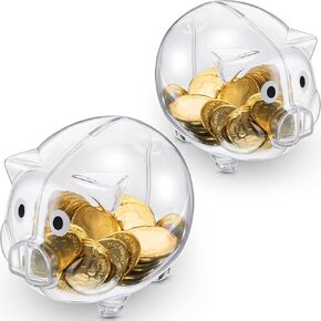 2 Pieces Piggy Bank Plastic Piggy Coin Bank Money Saving Box for Kids Boys Girls Adults (Clear)