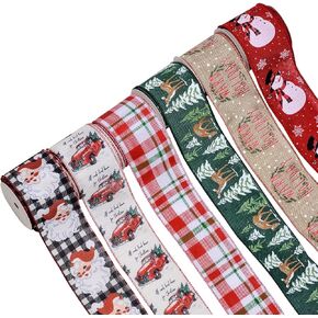 YAMA Christmas Ribbon Wired 6 Rolls 30 Yards, 2.5 Inch Wide Christmas Tree Truck Ribbon Red Green Plaid Ribbon, Wrapping Craft Ribbon for Wreaths Bow Wrapping DIY