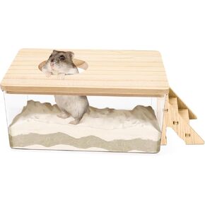 Hamster Sand Bath, Pentagon Hamster Sand Bath Container with Climbing Ladder, Large Acrylic Hamster Dig Box with Wood Cover, Sand Bath for Hamsters Small Animals (Pentagon)