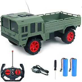 Green RC Military Transport Truck, 1:20 Scale Remote Control Battle Vehicle - 2.4GHz, 2 Rechargeable Batteries, Durable All-Terrain Toy for Kids, Boys, and Girls