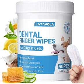 No-Rinse Dog Dental Care Wipes, Cat & Dog tooth brushing kit, Dog Wipes for Pet & Cat Teeth Cleaning, Dog toothbrush Finger Dental Wipes to Remove Plaque & Tartar, Disposable Dog Wipes - 60 Count