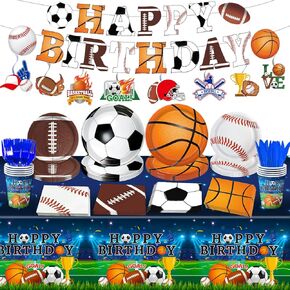143 PCS Sports Birthday Party Decorations - Includes Plates, Napkins, Cups, Banner, Hanging Swirl, Tablecloth, Knives, Forks for Sports Themed Party Decorations, Serve 20