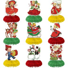 9 PCS Vintage Christmas Honeycomb Centerpieces Santa Victorian Christmas 3D Table Decoration Vintage Table Topper Paper Centerpiece Sign for Xmas Party Tabletop Decor