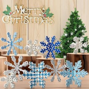 18 Pcs Christmas Wooden Snowflake Table Decoration 9 Set 3D Winter Snowflake Centerpieces for Tabletop Xmas Party Decoration Supplies(Blue Sliver,Solid Style)