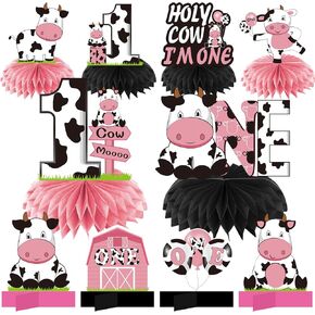 Holy Cow I'm One Birthday Decorations Girls, Cow First Birthday Honeycomb Centerpiece Party Supplies, Baby 1st Birthday Cow Themed Table Toppers Sign Decor