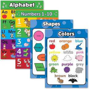 مجموعة من 4 قطع من Palace Learning - الحروف الأبجدية ABC + الأرقام 1-10 + مجموعة ملصقات الأشكال + الألوان - مخططات تعليمية للأطفال الصغار (مغلفة، 45.72 سم × 60.96 سم)