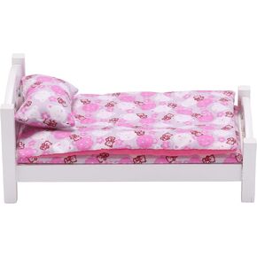 1/6 Scale Wooden Dollhouse Bed and Bedding Set, fits 12 inch Dolls, White Frame, Mini Toy Furniture, Realistic Bedroom Accessories