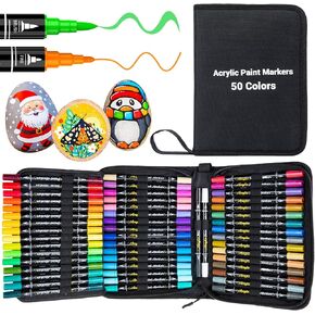 50 Colors Dual Tip Acrylic Paint Pens Paint Markers with Carrying Case, Acrylic Markers for Rock Painting, Wood Paint, Glass, Plastic, Fabric, Ceramic, Painting Kit for Adults and Kids Crafts Supplies