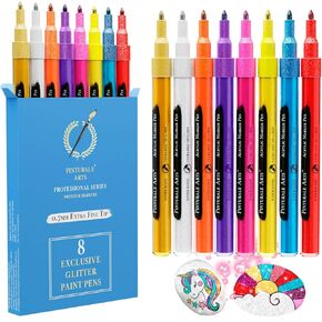 Set 8 Glitter Paint Pens For Crafts, Rock Painting, Wood, Glass, Fabric | Glitter Acrylic Paint Pens, Glitter Paint Markers | 0.7mm Extra Fine Tip