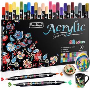 48 Colors Acrylic Paint Markers Pens Set, 24 Pack Acrylic Paint Pens with Dual-Color Brush Tips, Creative Coloring Markers for Rocks, Wood, Canvas, Stone, Fabric, Plastic DIY Art Supplies