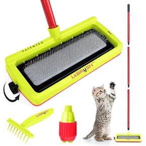 Pet Hair Broom for Short & Long Cat, Dog Fur - LeBrush 2.0 Carpet & Couch Rake, Broom Tool for Hair Removal, Green