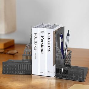 ENCIMART Book Ends for Shelves, Capitol Metal Book Stopper with Pen Holder, Modern Decorative Bookends Desk Bookends Gifts for Friends and Book Lovers