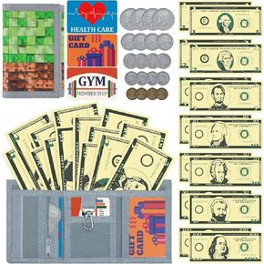 DEEKI Kids 37PCS Pretend Money with Wallet, Develop Wallet Toys for Boys and Girls Early Math Learning, Safe Purse with Fake Bills Coins and Gift Cards for Kids 3 4 5 6 7 8 9 Years Old -Block MC