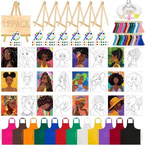 Xtinmee 12 Sets Sip and Paint Kit for Adults Pre Drawn Canvas Afro Girl Canvas Painting Set Pre Drawn Stretch Kit for Adults(Afro Girl Style)