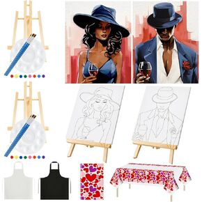 Yeaqee 13 Pcs Valentines Sip and Paint Kit for Couples Date Night Painting Kit Supplies Canvas Art Painting Set Pre Drawn Blank Stretch Canvas for Couple Adults Party(Bird and Tree,10 x 8 Inch)