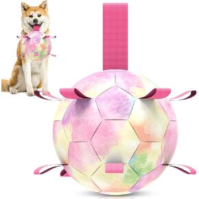 QDAN Dog Toys Soccer Ball with Straps, Puppy Balls Dog Balls for Small Medium Dogs, Dog Water Toys Pool Toys, Puppy Dog Birthday Gifts, Rainbow（6 Inch）