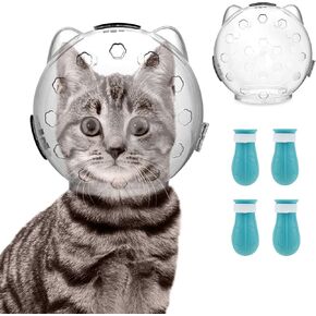 Cat Muzzle for Grooming, Breathable Cat Muzzle Helmet with 4 Silicone Paw Shoes, Transparent Cat Astronaut Helmet, Cat Anti Bite Helmet for Cats Bathing Shaving Nail Trimming (Large)