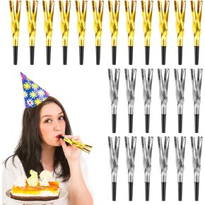 New Years Noise Makers, 24 Pcs Gold and Silver Noise Makers New Year’s Eve Party Supplies, Party Blowers Party Horns Noise Makers NYE Noisemakers for NYE Celebrations (Gold)