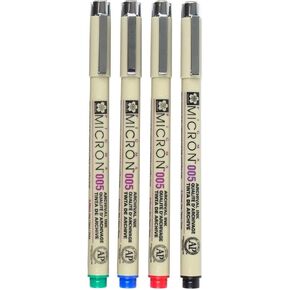 SAKURA PIGMA MICRON, PACK OF 4 ESSENTIAL COLORS, BLACK+RED+BLUE+GREEN, (005)