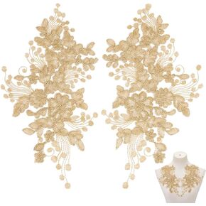2 Pairs Flower Embroidery Lace Patch Gold Polyester Floral Patch Iron on Repair Patches Sewing Craft Decoration Appliques for Wedding Dress Gown Bodice Costume Clothing DIY