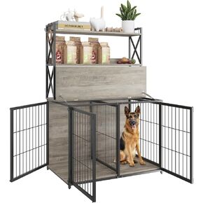 42.5 Inch Dog Crate Furniture with Shelves Storage,Dog Kennel with Divider,Wooden Dog Crate End Table with Flip Top,Large Dog Cage for Indoor,3 Doors Pet Crate Furniture,Grey