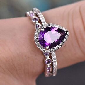 925 Sterling Silver Teardrop Shape Shiny Amethyst Ring 3Ct Cubic Zirconia Promise Ring Set CZ Halo Ring Eternal Full Diamond Engagement Wedding Set Jewelry-Making-Patterns