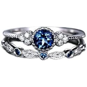 925 Sterling Silver Natural Sapphire Shiny Blue Crystal Ring Round Cut Cubic Zirconia Promise Ring CZ Classic Eternal Engagement Wedding Ring 2 Set Jewelry-Making-Patterns