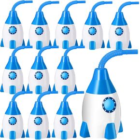 Tanlade Universe Themed Party Favor Gift Supplies Rocket Cups with Straws, Plastic Rocket Shape Cup Reusable Rocket Cups Universe Themed Party Favor for Kids Space Birthday Party (Blue Color,24 Set)