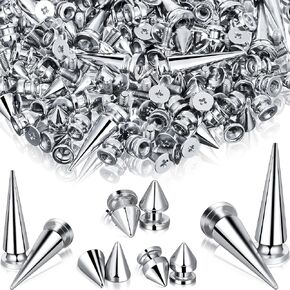250 Pieces Cone Spikes Screwback Studs Spikes and Studs Multiple Sizes Cone Spikes for Halloween Cosplay Screwback Studs Rivets Punk Rock Bullet Rivets for DIY Clothing Leather Craft (Silver)