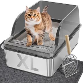 UPSKY Stainless Steel Cat Litter Box with Lid, XL Large Metal Litter Box for Large Breeds, Enclosed Kitty Litter Pan with High Sides, Leak-Proof & Non-Stick, Easy to Clean, Scoop and Mat Included