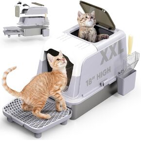 Stainless Steel Litter Box with Lid,XXL Extra Large Enclosed Metal Litter Box for Big Cat, Removable Front Entry Top Exit Kitty Litter Box, with High Sided Enclosure & Scoop, Footboard(Grey)