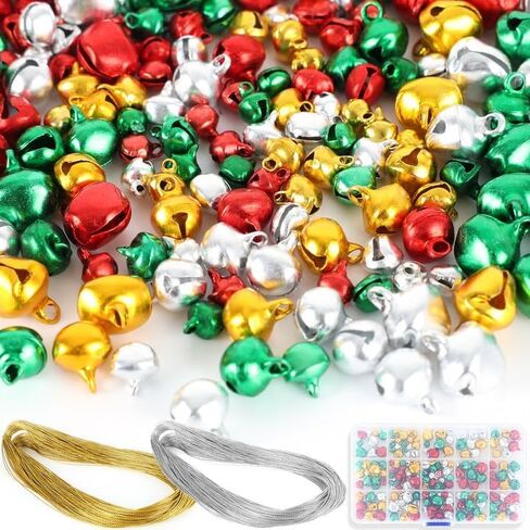 240 Pcs Christmas Red Green Silver Gold Jingle Bells Assortment Kit with 200m Gold Sliver Cord 4 Sizes Craft Bell Bulk for Xmas Home and Pet Decorations in Saudi Arabia