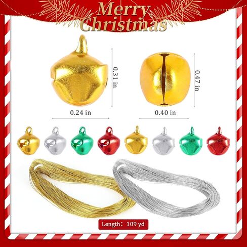 240 Pcs Christmas Red Green Silver Gold Jingle Bells Assortment Kit with 200m Gold Sliver Cord 4 Sizes Craft Bell Bulk for Xmas Home and Pet Decorations in Saudi Arabia