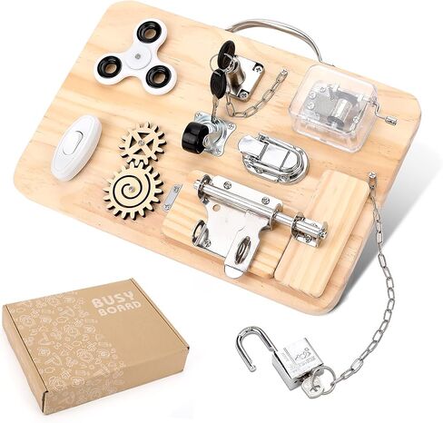 Pithfor Wooden Busy Board for Toddlers, Montessori Sensory Toys for 1 2 3 4 Year Old, Autism Sensory Toys for Kids Boys Girls, Fine Motor Skills Travel Toys in Kuwait