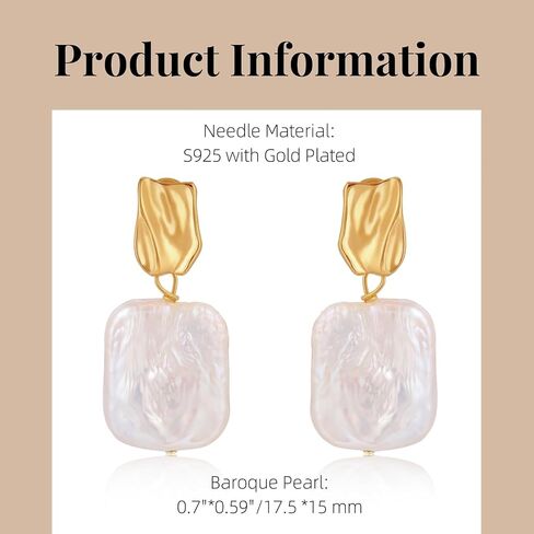 Natural Baroque Freshwater Pearl Dangle Drop Earrings for Women, Wire Wrap Gold Stud Earrings Jewelry with Green Gemstone, Best Gift for Mom Lover Her (14K Gold Plated) in Saudi Arabia