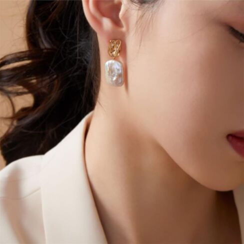 Natural Baroque Freshwater Pearl Dangle Drop Earrings for Women, Wire Wrap Gold Stud Earrings Jewelry with Green Gemstone, Best Gift for Mom Lover Her (14K Gold Plated) in Saudi Arabia
