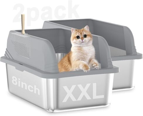 TSAYAWA 2PACK Stainless Steel Cat Litter Box with High Sides Enclosure, Extra Large 23.62x15.75x13.77 inches, Easy Clean Non-Stick, Open Top,Includes lid Cat Scoop in Saudi Arabia