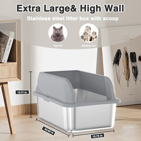 TSAYAWA 2PACK Stainless Steel Cat Litter Box with High Sides Enclosure, Extra Large 23.62x15.75x13.77 inches, Easy Clean Non-Stick, Open Top,Includes lid Cat Scoop in Saudi Arabia