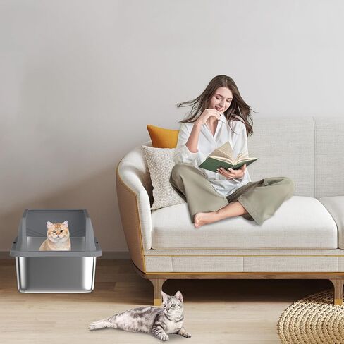 TSAYAWA 2PACK Stainless Steel Cat Litter Box with High Sides Enclosure, Extra Large 23.62x15.75x13.77 inches, Easy Clean Non-Stick, Open Top,Includes lid Cat Scoop in Saudi Arabia