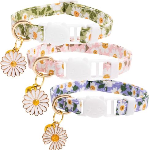 2 Pack Cotton Breakaway Cat Collars with Bell Flower Pendant Kitty Kitten Collars Pink Purple Collar for Female Girl Cats Male Boy Cats in Saudi Arabia