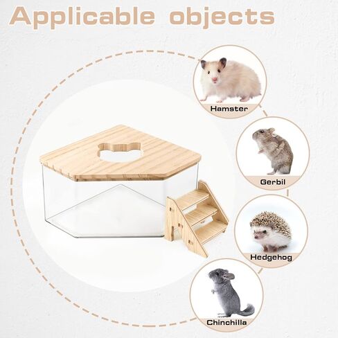 Hamster Sand Bath, Pentagon Hamster Sand Bath Container with Climbing Ladder, Large Acrylic Hamster Dig Box with Wood Cover, Sand Bath for Hamsters Small Animals (Pentagon) in Kuwait
