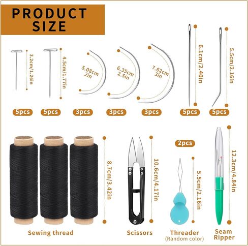 3 لفات من خيوط الخياطة Ftyiwu، خيط لخياطة الشعر 110 ياردة، خيط وصلة الشعر مع 29 قطعة إبر I/J/T/C، خياطة في إبرة وخيط لصنع الشعر المستعار in Kuwait
