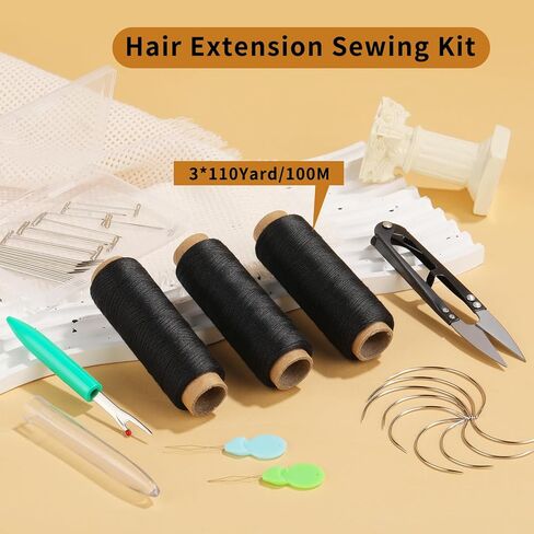 3 لفات من خيوط الخياطة Ftyiwu، خيط لخياطة الشعر 110 ياردة، خيط وصلة الشعر مع 29 قطعة إبر I/J/T/C، خياطة في إبرة وخيط لصنع الشعر المستعار in Kuwait
