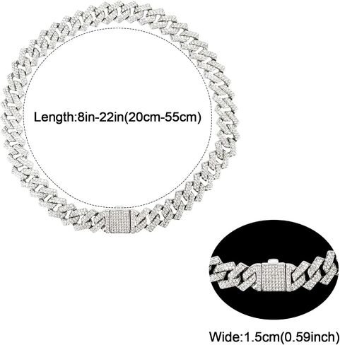 Dog Chain Collar Glitter Diamond Cuban Collar Walking Metal Chain Collar with Design Secure Buckle Pet Metal Link Chain Jewelry Accessories for Small Medium Large Dogs Cats in Kuwait