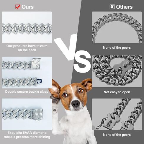 Dog Chain Collar Glitter Diamond Cuban Collar Walking Metal Chain Collar with Design Secure Buckle Pet Metal Link Chain Jewelry Accessories for Small Medium Large Dogs Cats in Kuwait