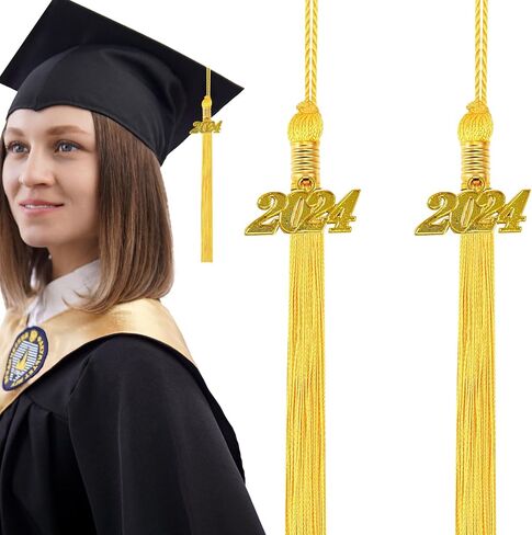 عبوتان من شرابات التخرج 2024، شرابة لقبعة التخرج 2024، شرابة التخرج الأكاديمي ذهبية مع حلية ذهبية لعام 2024 لحفل التخرج (ذهبي) in Kuwait