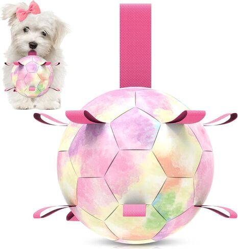 QDAN Dog Toys Soccer Ball with Straps, Puppy Balls Dog Balls for Small Medium Dogs, Dog Water Toys Pool Toys, Puppy Dog Birthday Gifts, Rainbow（6 Inch） in Saudi Arabia