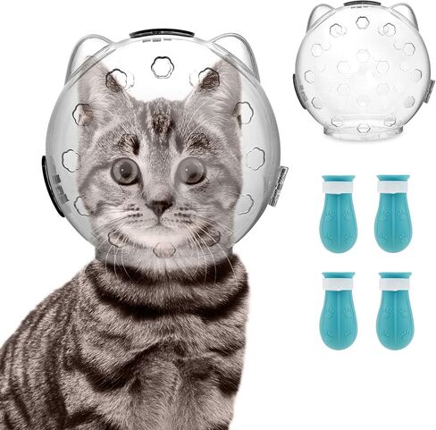 Cat Muzzle for Grooming, Breathable Cat Muzzle Helmet with 4 Silicone Paw Shoes, Transparent Cat Astronaut Helmet, Cat Anti Bite Helmet for Cats Bathing Shaving Nail Trimming (Large) in Saudi Arabia